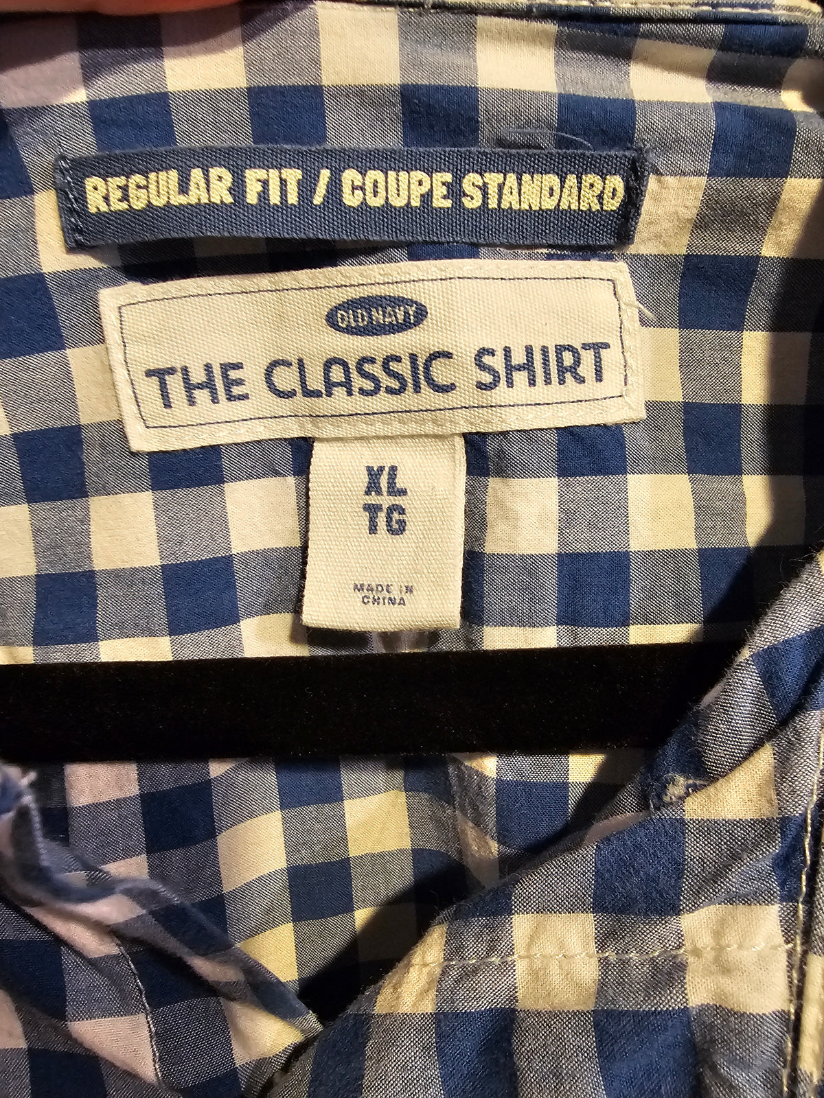 Upcycled XLarge Def Leopard Blue and White Checkered Top