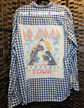 Upcycled XLarge Def Leopard Blue and White Checkered Top