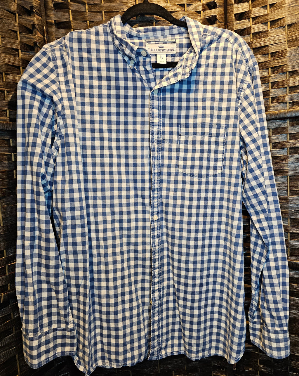 Upcycled XLarge Def Leopard Blue and White Checkered Top
