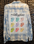 Upcycled Large Rolling Stones Blue and White Plaid Top
