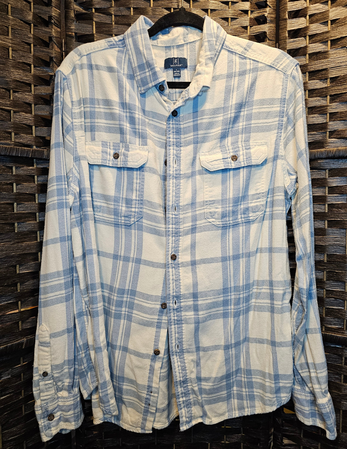 Upcycled Large Rolling Stones Blue and White Plaid Top