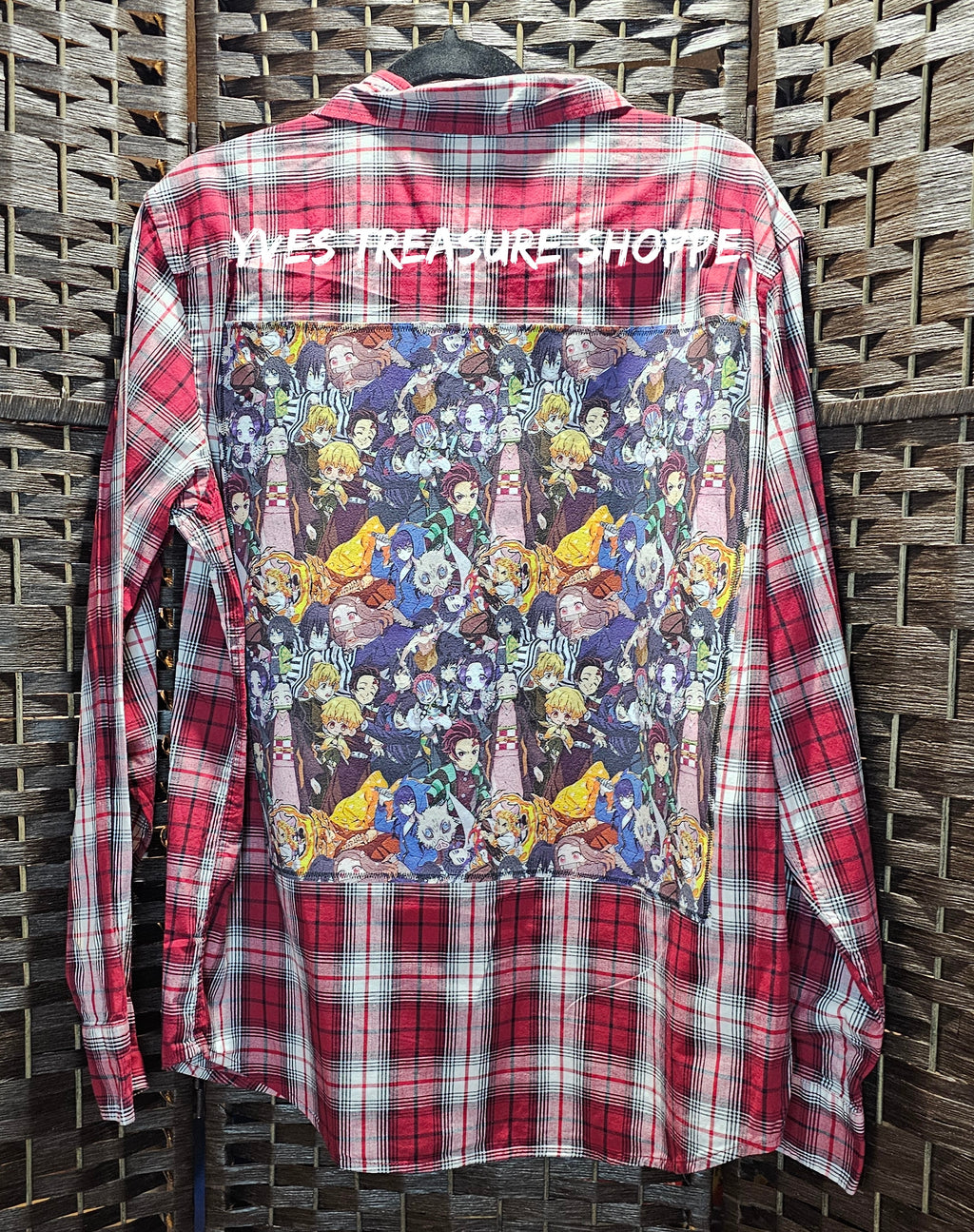 Large Red Plaid Anime Slayer Print Upcycled Shirt