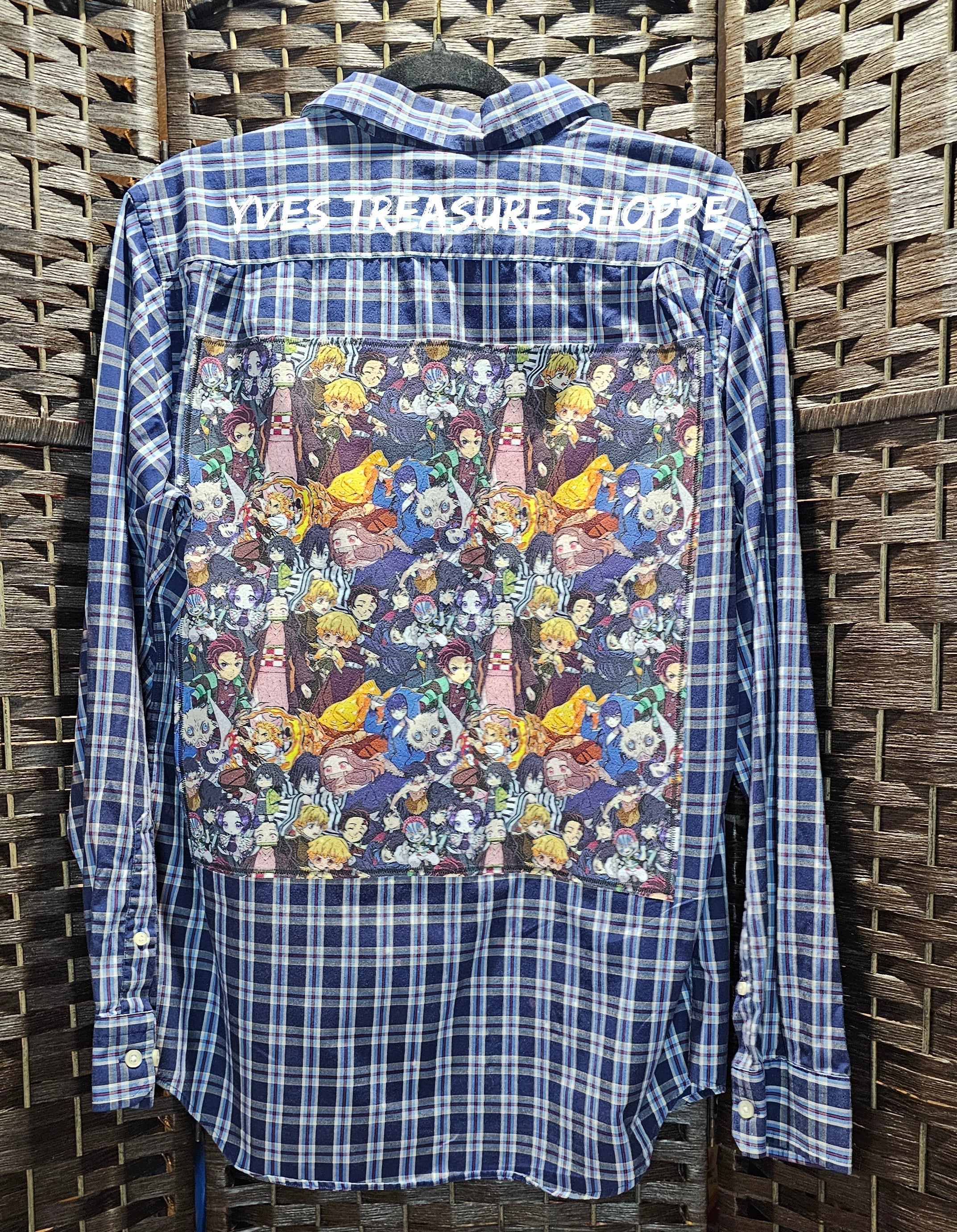 Anime Upcycled Medium Bleached Plaid Slayer Print Shirt