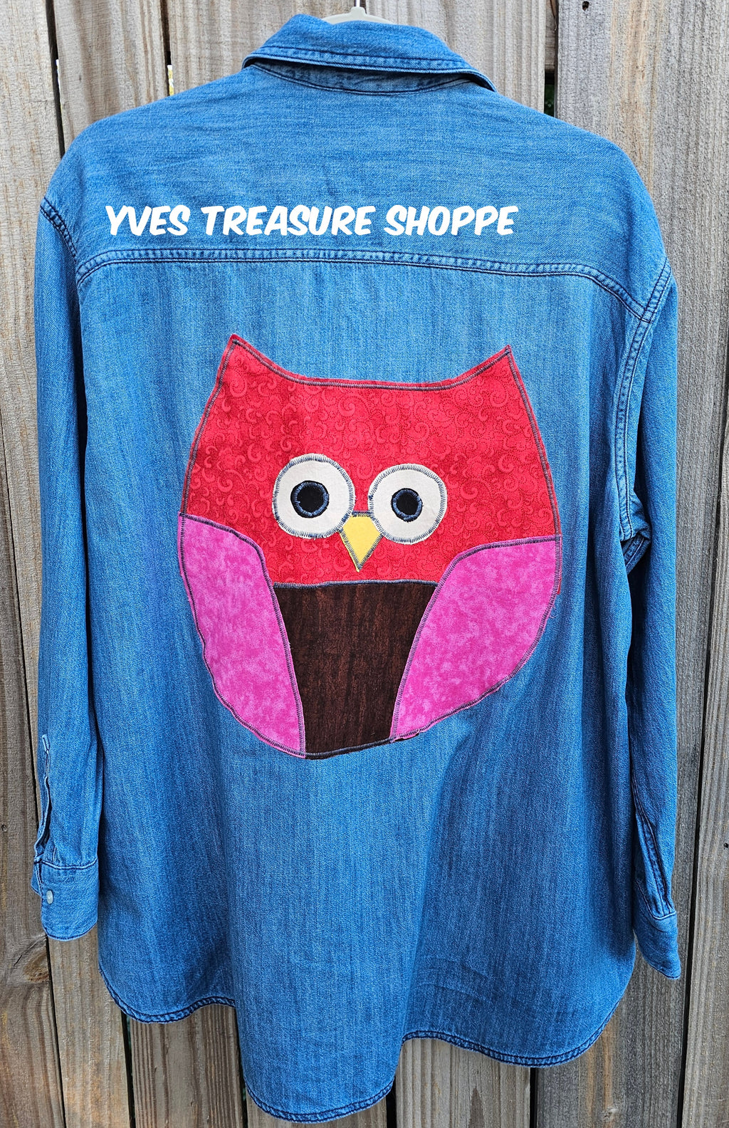 Upcycled Owl Denim Shirt Large