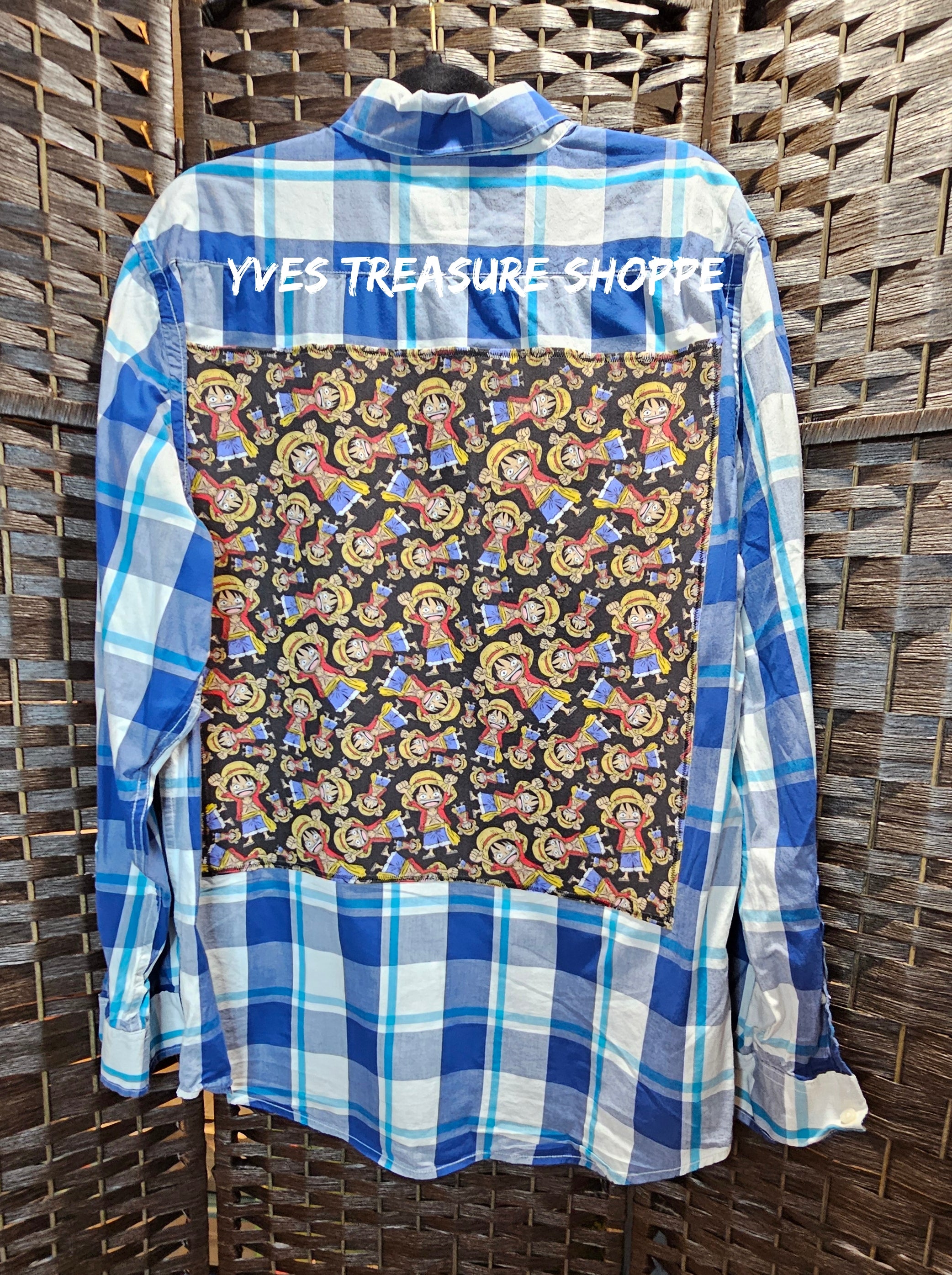 XLarge Anime Pirate Upcycled Shirt Print 2 Blue Plaid