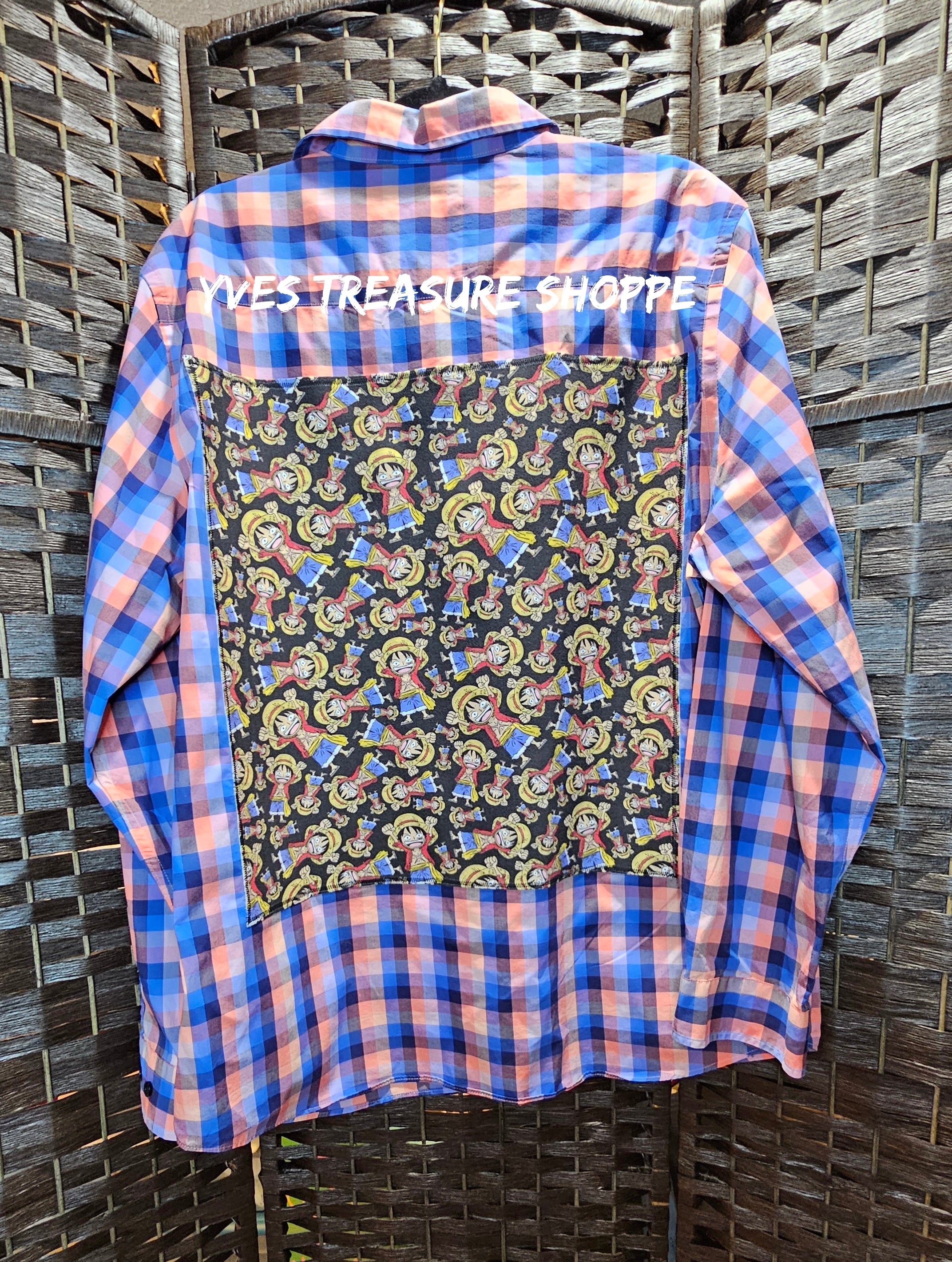 XLarge Pirate Anime Print 2 Plaid Upcycled Shirt