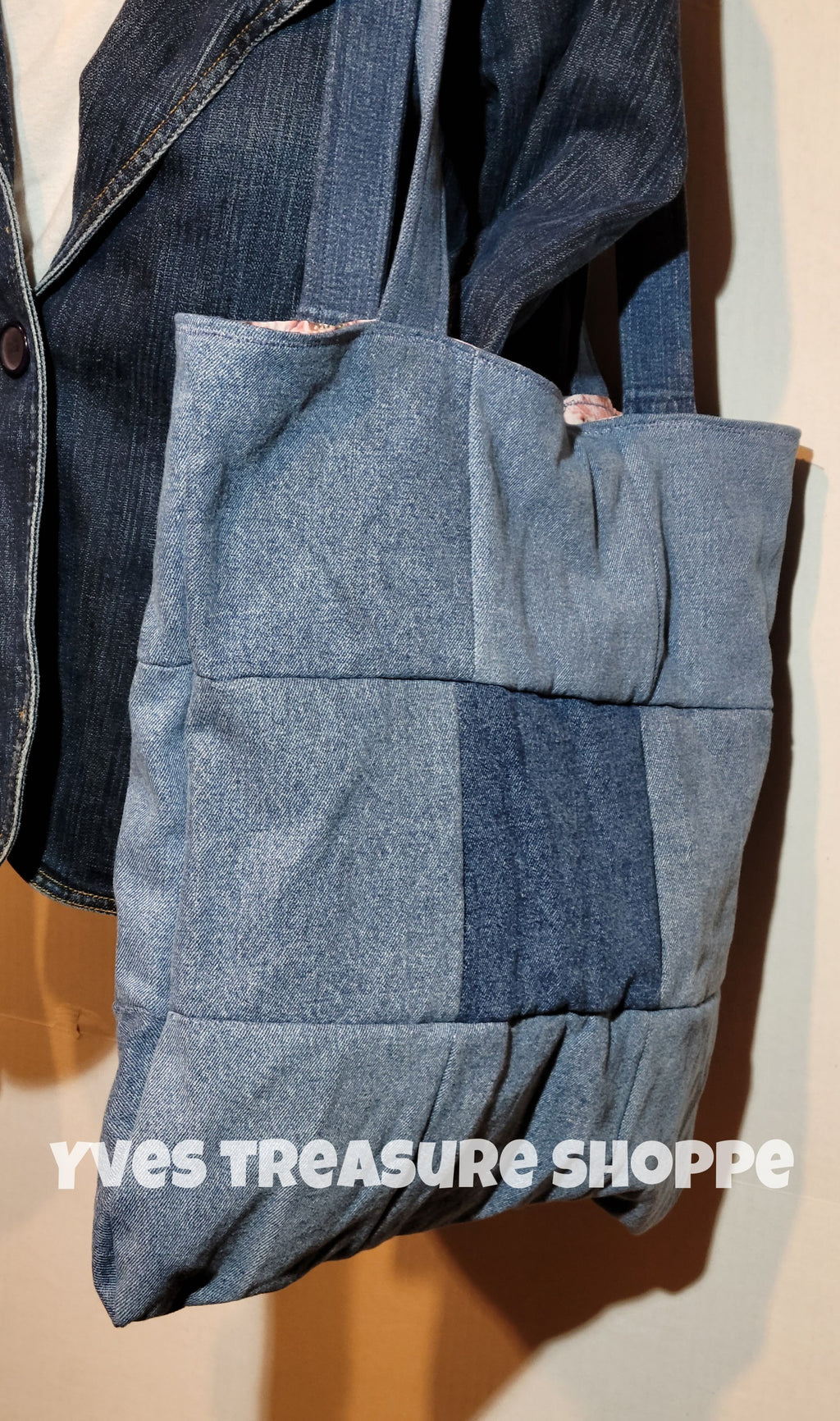 Reversible Denim and Roses Patchwork Tote