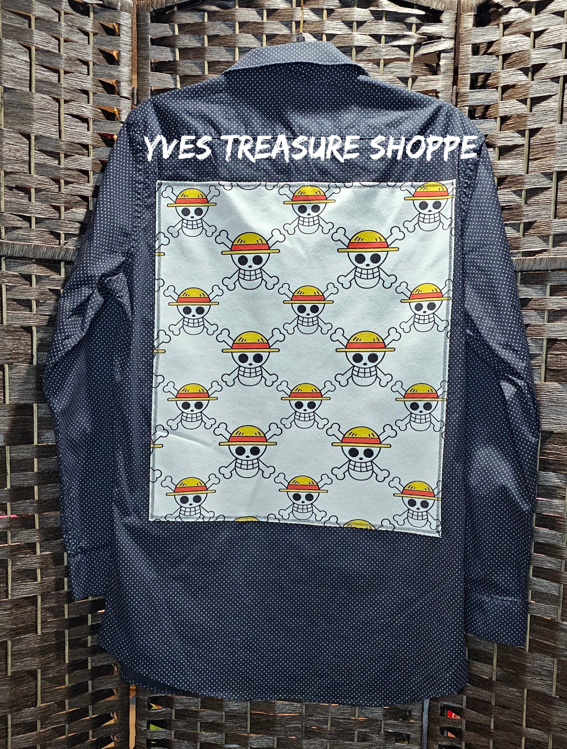 Medium (15.5) Pirate Anime Upcycled Polka Dot Shirt Print 1