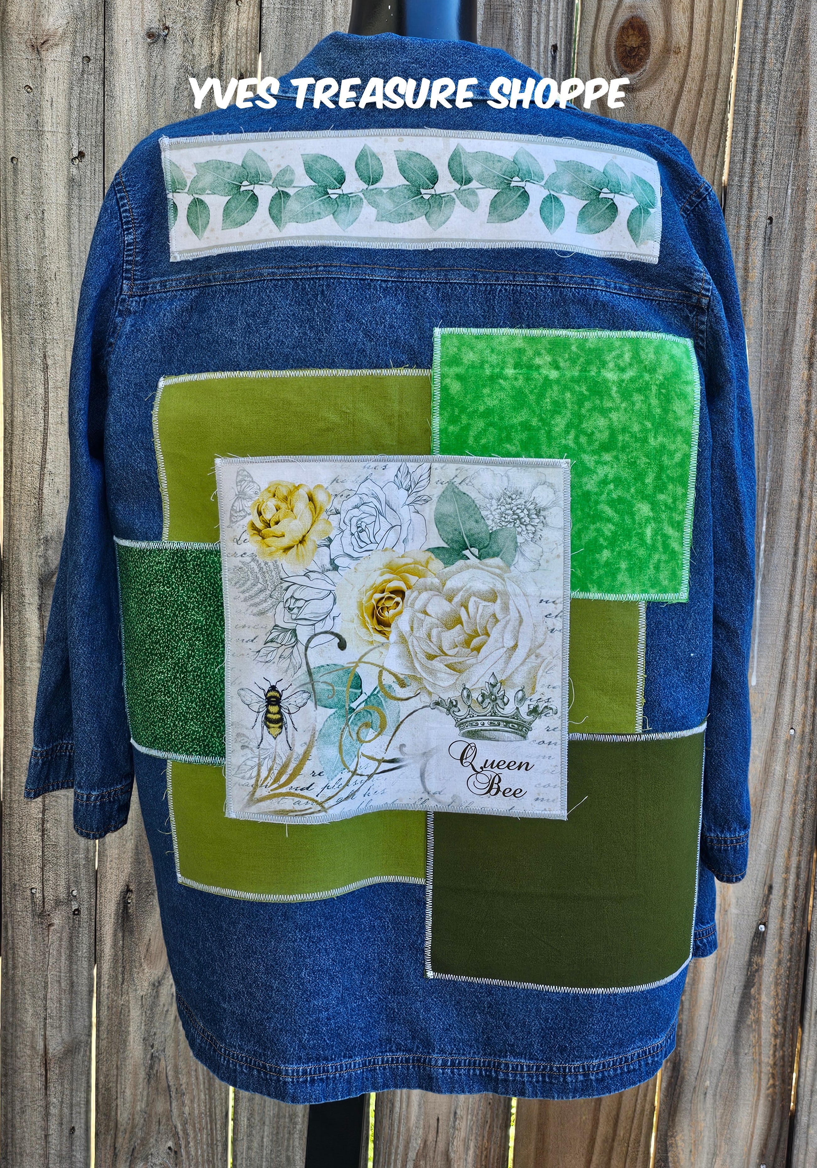 ReFashioned Queen Bee Denim Shirt Embellished with  Fabric Patches