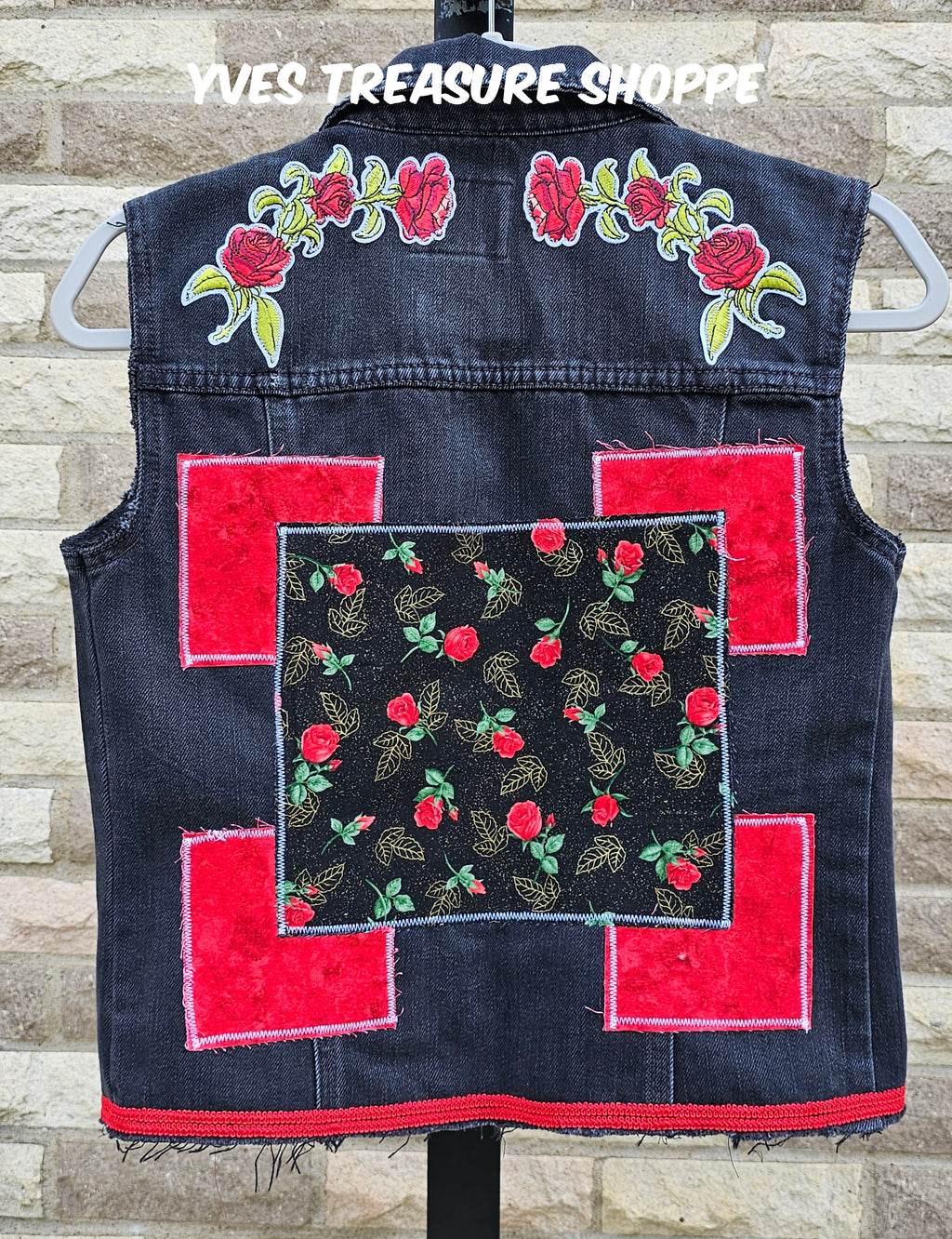 ReFashioned Denim Vest Embellished with Rose Patches XSmall