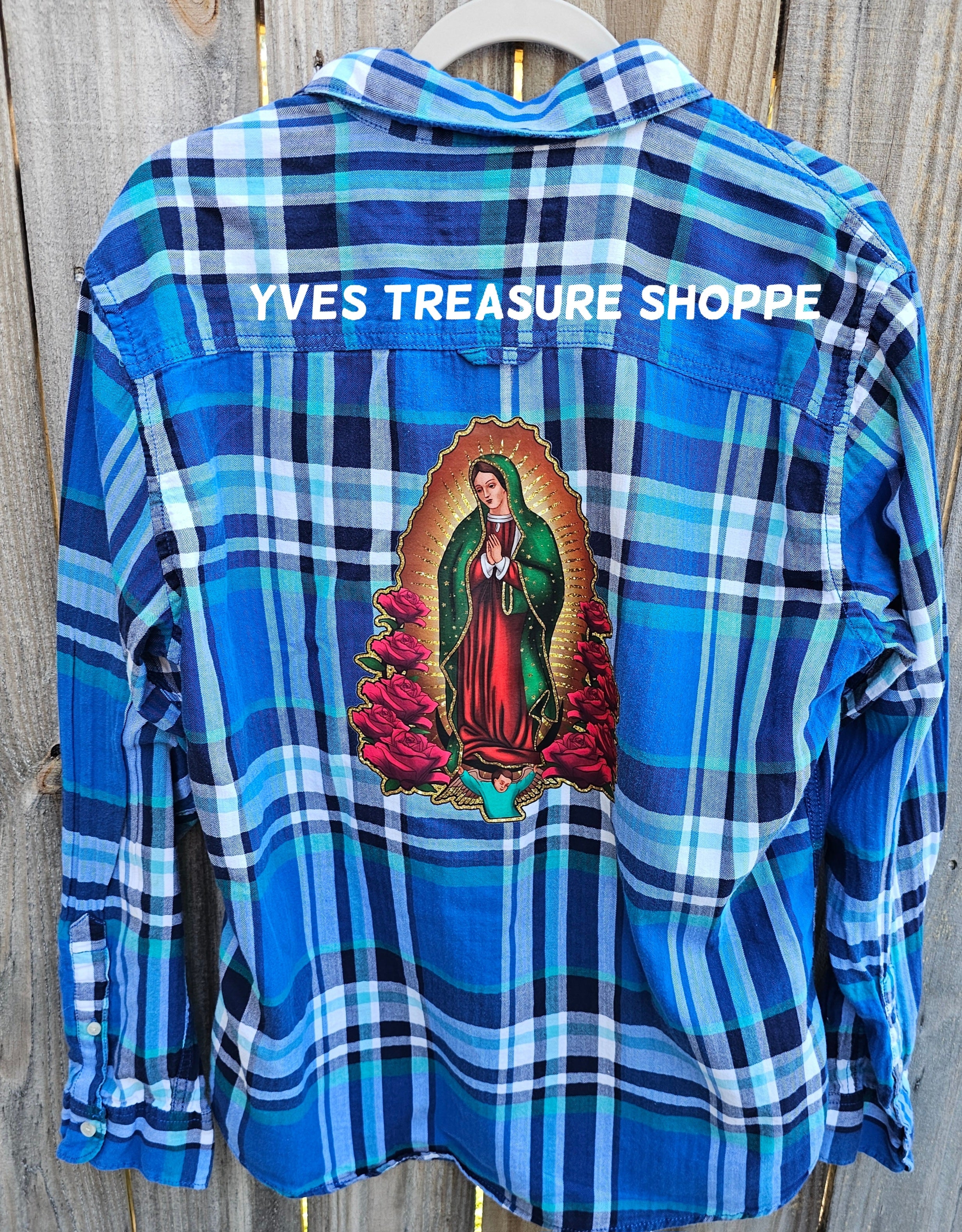 Upcycled Our Lady of Guadalupe Print Large Shirt