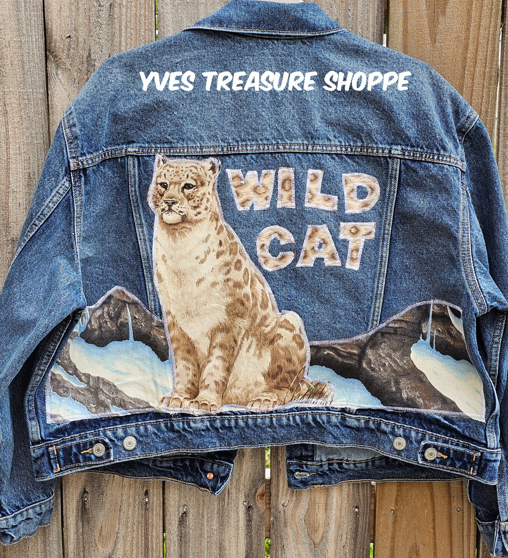 Wild Cat Leopard Denim Refashioned Jacket Old Navy XL