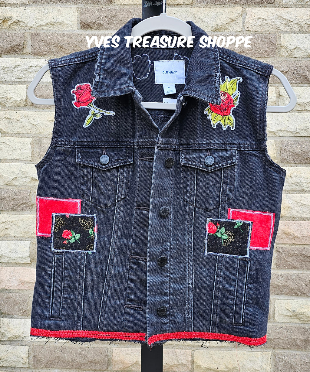 ReFashioned Denim Vest Embellished with Rose Patches XSmall