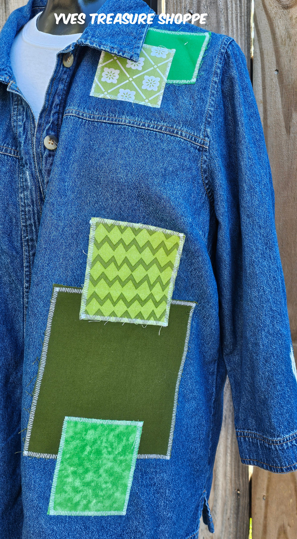 ReFashioned Queen Bee Denim Shirt Embellished with  Fabric Patches